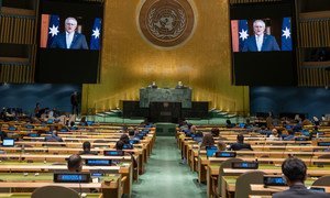澳大利亚总理莫里森在联合国大会第76届会议上发表视频讲话。