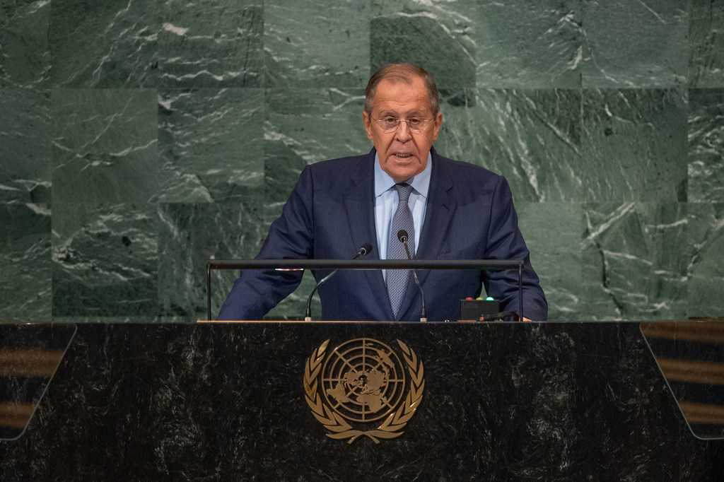 Le ministre russe des Affaires étrangères, Sergueï Lavrov, lors du débat général de l'Assemblée générale des Nations Unies.