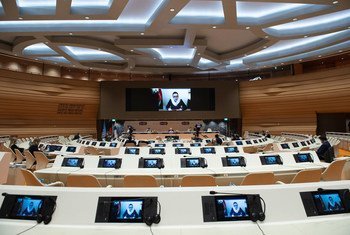  Les délégués observent la distanciation sociale lors de la Conférence sur l'Afghanistan de 2020 au Palais des Nations des Nations Unies à Genève (archive)