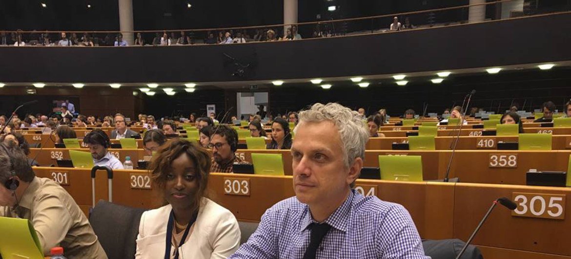 Ilias Chatzis and Yatta Dakowah, the UNODC Representative in Brussels, during a special session of the EU Parliament on migration - Brussels, Belgium - 2017.