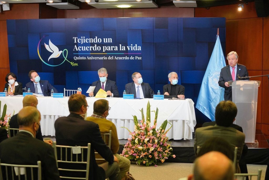 António Guterres pronuncia su discurso en el evento Justicia Especial por la Paz en Colombia.