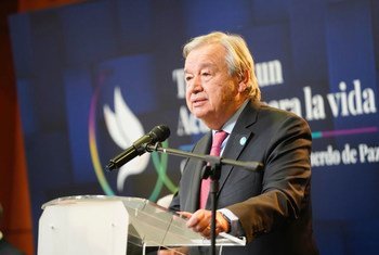 UN Secretary General António Guterres delivers his speech at the Special Justice for Peace event in Colombia.