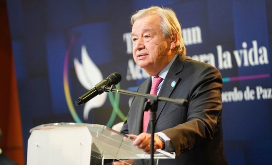 UN Secretary General António Guterres delivers his speech at the Special Justice for Peace event in Colombia.