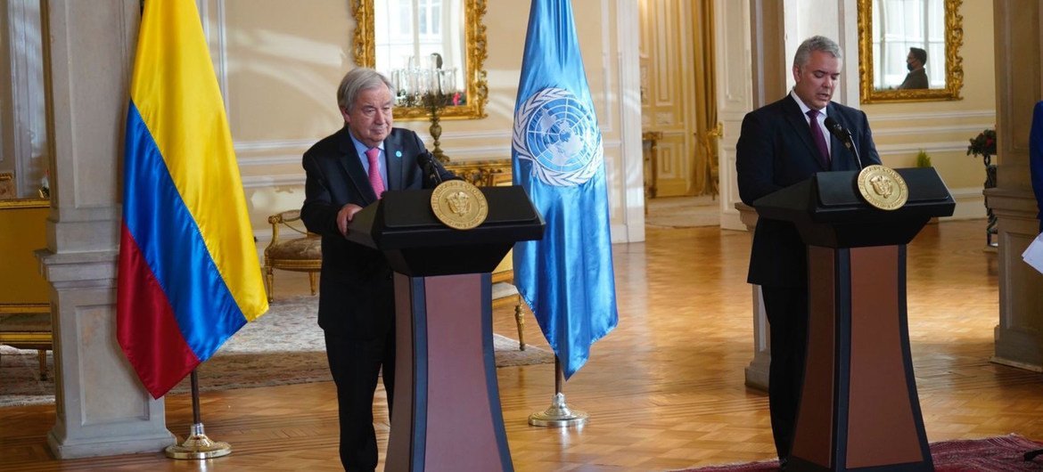 UN Secretary General António Guterres, left, and Colombian President Iván Duque, hold a joint press conference in Bogota, Colombia.