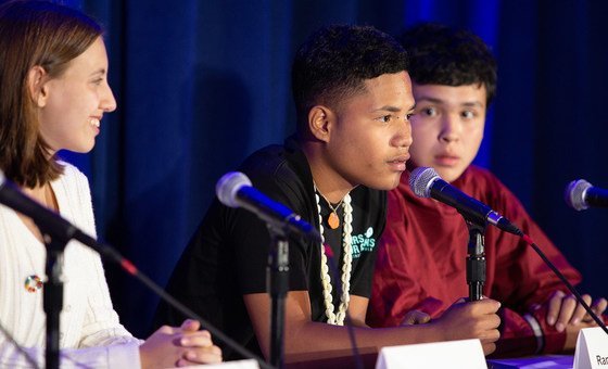 On 23 September 2019, at UNICEF House in New York, Ranton Anjain, 17, from the Marshall Islands, speaks at a press conference announcing a collective action being taken on behalf of young people facing the impacts of the climate crisis.