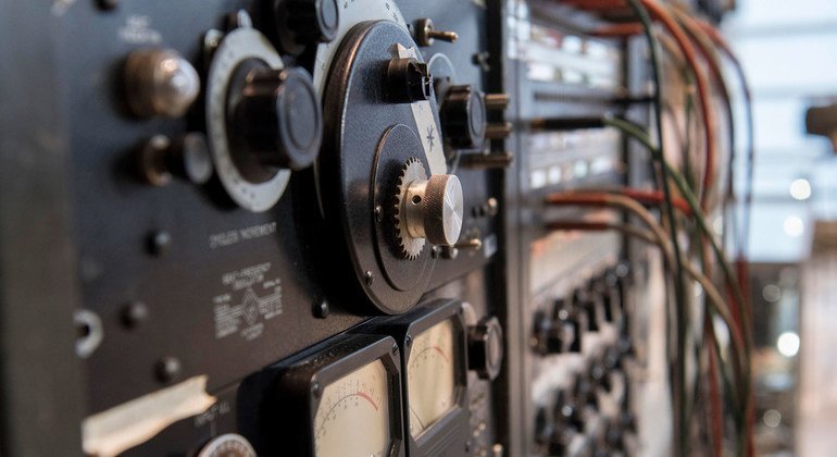 A detailed view of a television control panel on display at a new permanent exhibition titled Technology Museum: Delivering the Message of Peace, at UN headquarters in New York.