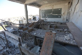 A destroyed classroom at a girls high school in Syria, that was attacked in March 2020.