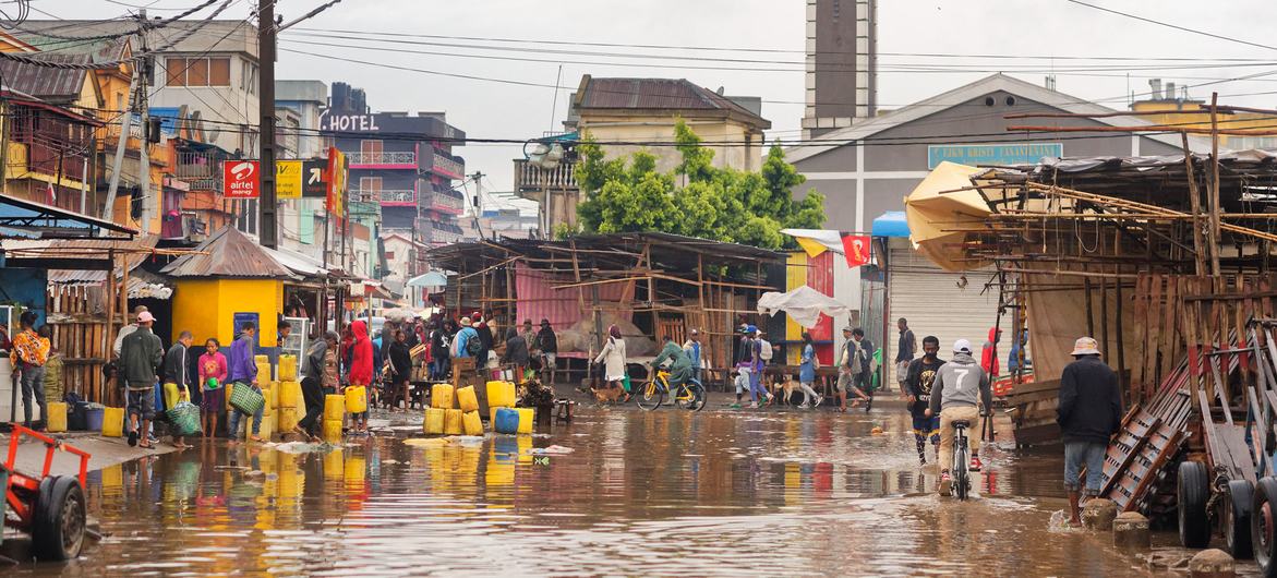 A road flooded with rain water in Antananarivo, Madagascar.