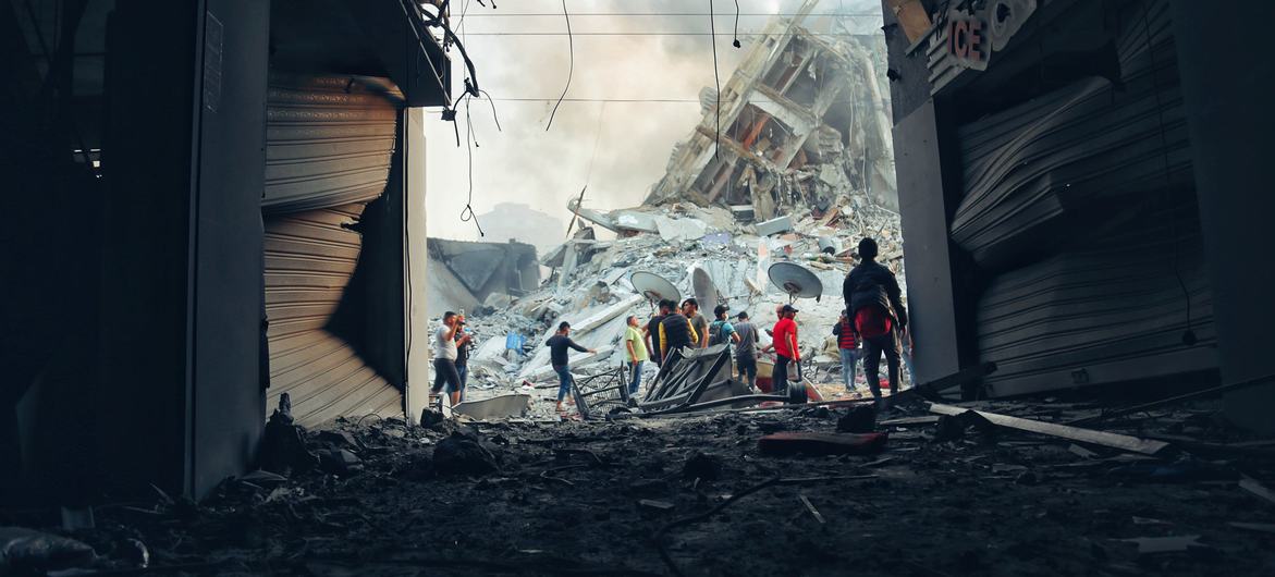 Collapsed buildings following Israeli air strikes in Gaza, Palestine.