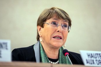 La Haut-Commissaire des Nations Unies aux droits de l'homme, Michelle Bachelet, devant le Conseil des droits de l'homme à Genève.