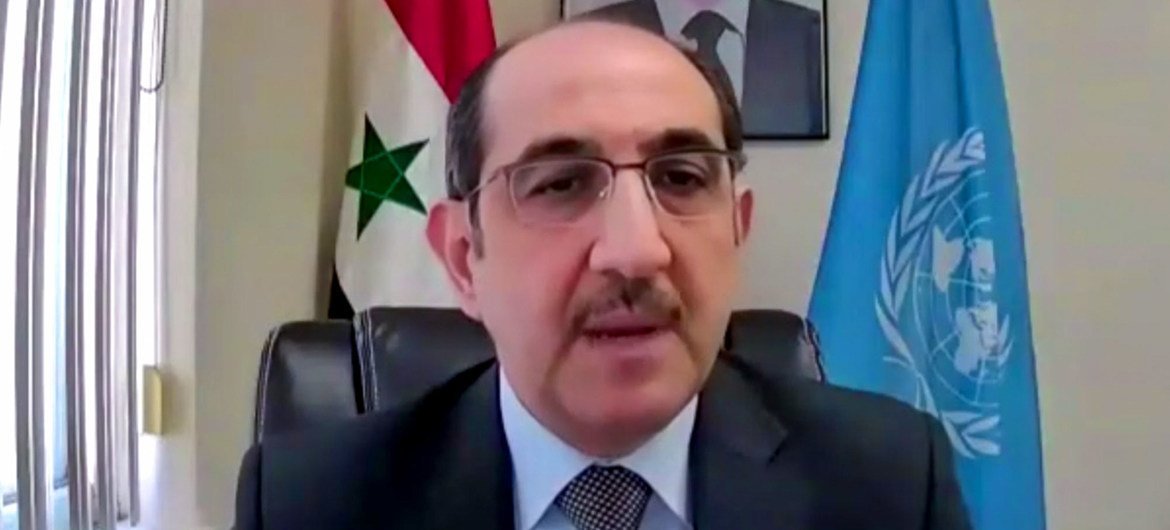 بسام صباغ، المندوب الدائم للجمهورية العربية السورية لدى الأمم المتحدة، يتحدث أمام مجلس الأمن عبر تقنية الفيديو.