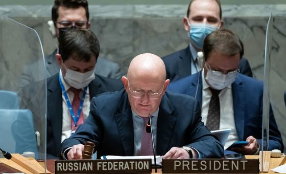 Vassily Nebenzia, Permanent Representative of the Russian Federation to the United Nations and President of the Security Council for the month of February, chairs the Security Council meeting on the situation in Ukraine.