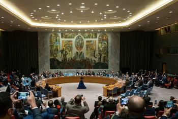 यूएन सुरक्षा परिषद में, यूक्रेन मुद्दे पर रूस की निन्दा करने वाले प्रस्ताव पर मतदान का एक दृश्य. 25 फ़रवरी 2022