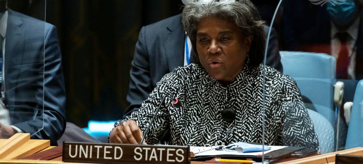  Linda Thomas-Greenfield, Permanent Representative of the United States to the United Nations, addresses the Security Council meeting on the situation in Ukraine, on 25 February, 2022.