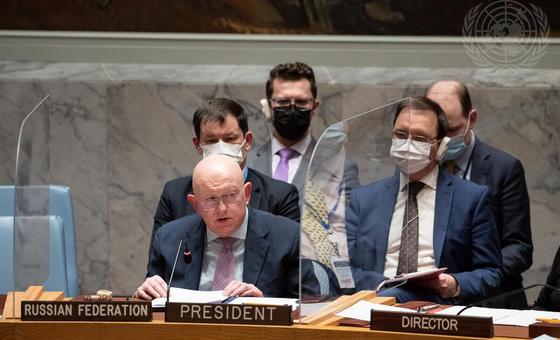 Russian Ambassador Vasily Nebenzya presides over the Security Council meeting on the current situation in Ukraine.