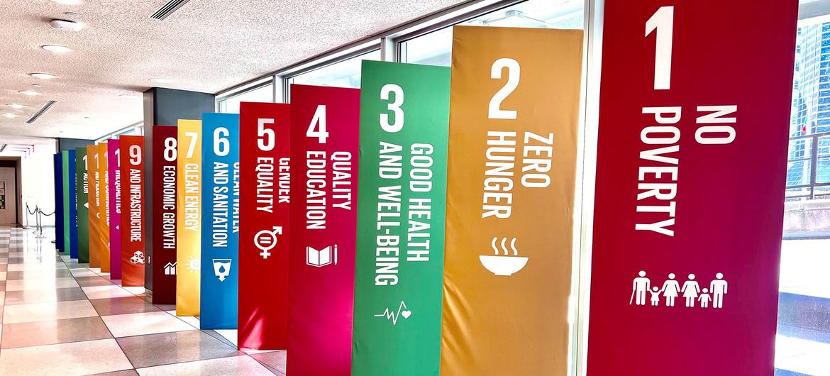 SDGs signs displayed at UNHQ in New York.