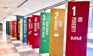 SDGs signs displayed at UNHQ in New York.