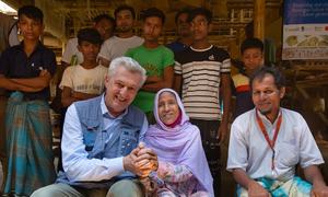 UN High Commissioner for Refugees Filippo Grandi with Rohingya refugees at the Rohingya Cultural Memory Centre at Kutupalong camp in Bangladesh’s Cox’s Bazar district.