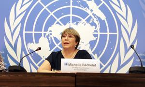 Michelle Bachelet en la rueda de prensa para hacer balance de su mandato en Ginebra