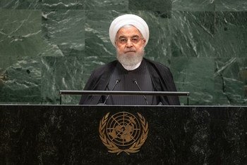 ईरान के राष्ट्रपति हसन रोहानी यूएन महासभा के 74वें सत्र को संबोधित करते हुए. 