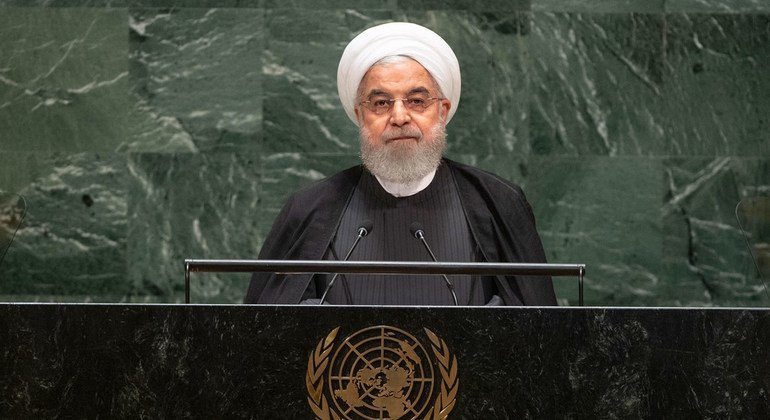 ईरान के राष्ट्रपति हसन रोहानी यूएन महासभा के 74वें सत्र को संबोधित करते हुए. 