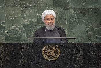 الرئيس الإيراني حسن روحاني في كلمته في المد اولات العامة للدورة الرابعة والسبعين للجمعية العامة للأمم المتحدة (25 سبتمبر 2019)