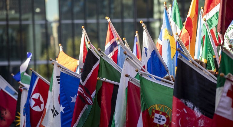 A view of flags held by students at the annual ceremony held by the Peace Bell at UN Headquarters in observance of the International Day of Peace.  (21 September)