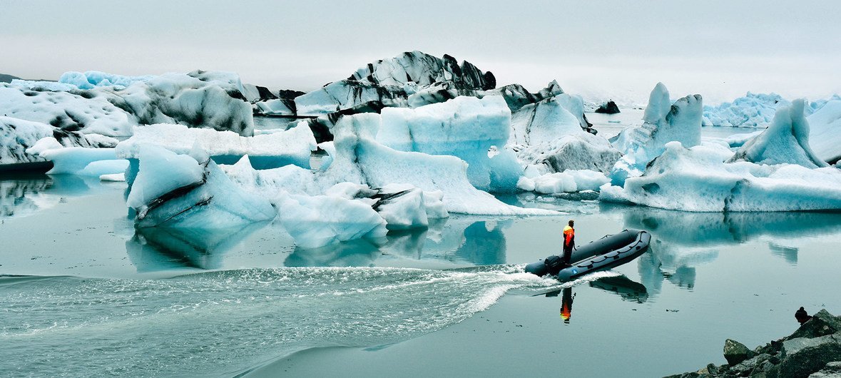 The Jökulsárlón Glacier Lagoon in Iceland is formed naturally from melted glacial water and is perpetually growing while big blocks of ice crumble from a shrinking glacier.