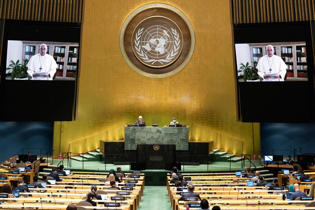 Pope Francis (on screen) of the Holy See addresses the general debate of the General Assembly’s seventy-fifth session.