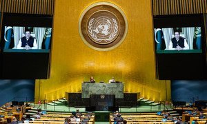 巴基斯坦总理伊姆兰·汗在联合国大会第75届会议上发表视频讲话。