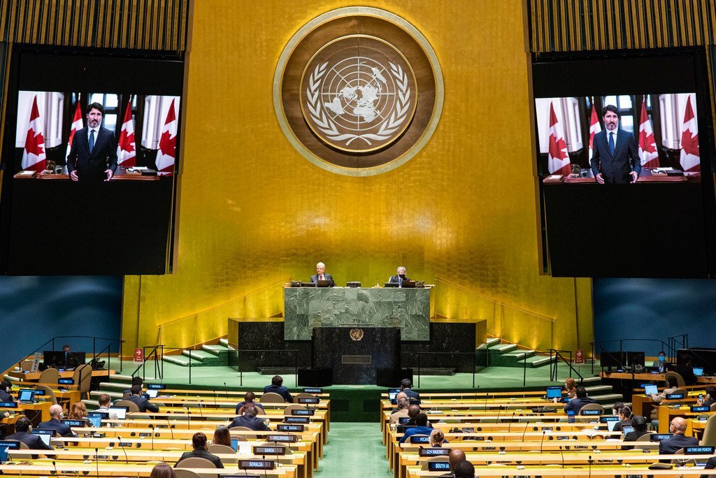 Prime Minister Justin Trudeau (on screen) of Canada addresses the general debate of the General Assembly’s seventy-fifth session.