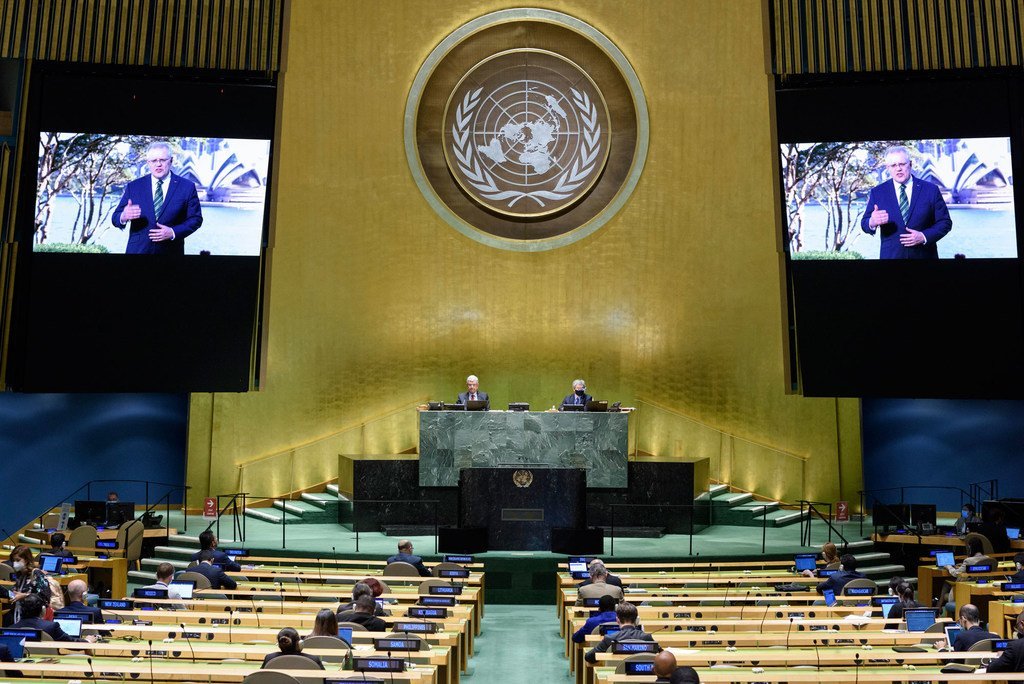 澳大利亚总理莫里森在联合国大会第七十五届会议一般性辩论上通过事先录制的视频发表讲话。