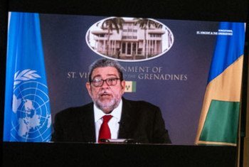 Prime Minister Ralph E. Gonsalves (on screens) of Saint Vincent and the Grenadines addresses the general debate of the UN General Assembly’s 76th session.