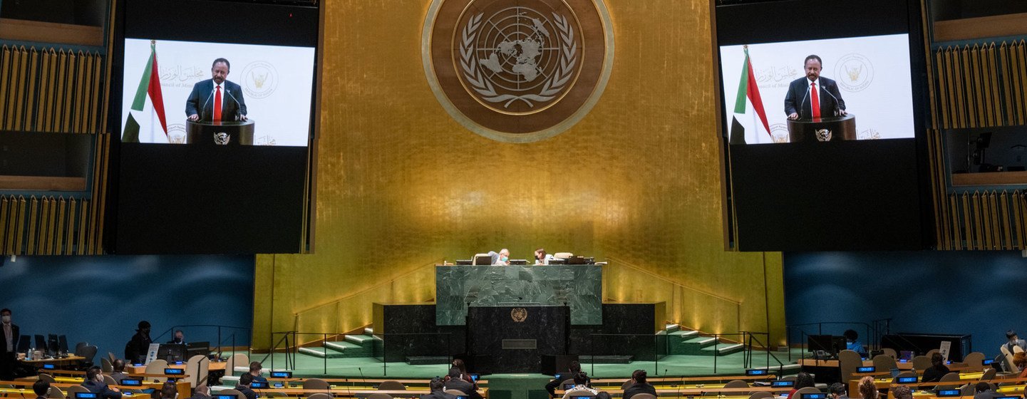 Prime Minister Abdalla Adam Hamdok (on screens) of the Sudan addresses the general debate of the UN General Assembly’s 76th session.