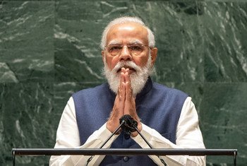भारत के प्रधानमंत्री नरेन्द्र मोदी, यूएन महासभा के 76वें सत्र में, जनरल डिबेट को सम्बोधित करते हुए. (25 सितम्बर 2021)