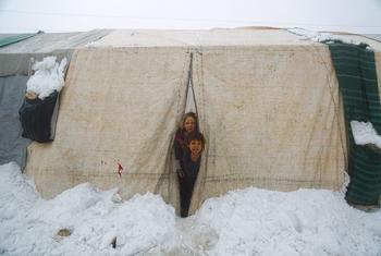 Snow has fallen in the Association displaced persons camp in Selkin city, northwest Syria.