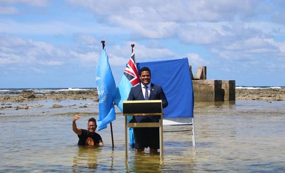 In a pre-recorded video for the UN Climate Conference, COP26, Tuvaluan politician Simon Kofe delivered remarks in knee-deep water as a graphic demonstration of how climate change is impacting his country.