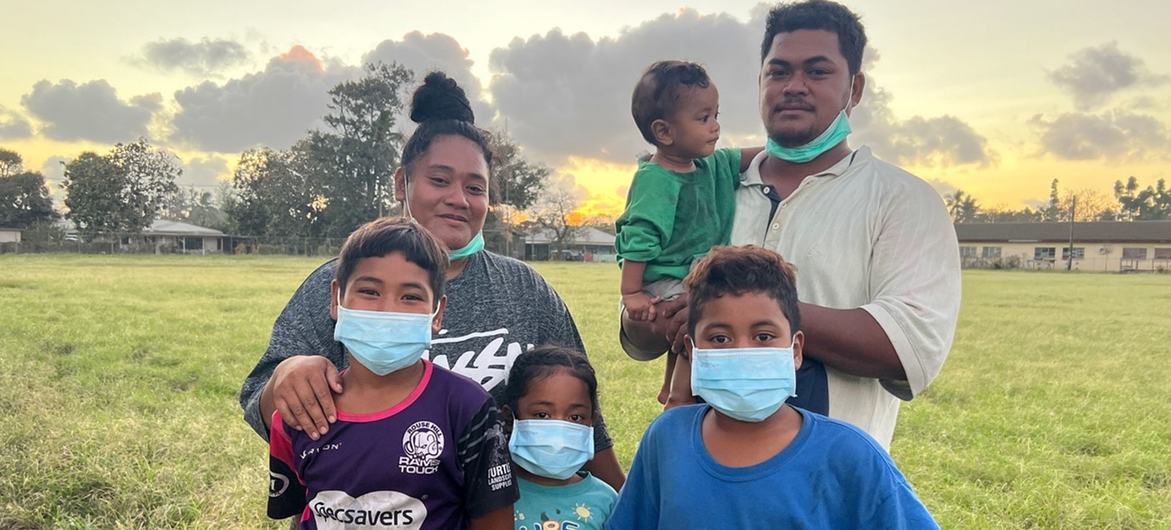 Pauline Vaiangina along with her husband and children in Mango island, Tonga.
