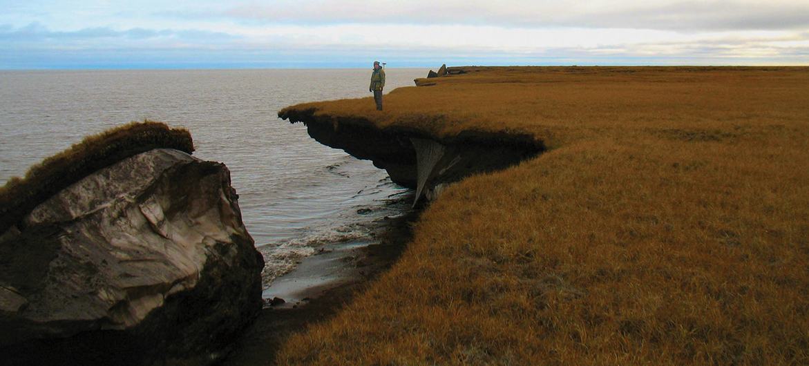 The erosion of permafrost on Alaska's Arctic Coast. 