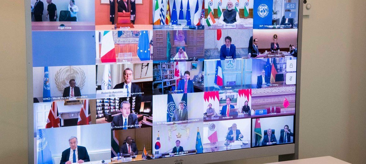 El Secretario General de las Naciones Unidas, António Guterres, fue uno de los muchos participantes en una reunión virtual de líderes de las naciones del Grupo de los Veinte (G-20).