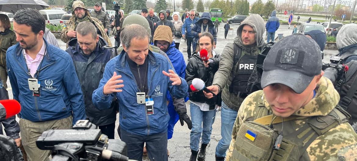The Director General of the International Atomic Energy Agency (IAEA), Rafael Mariano Grossi (centre) spoke to journalists on Tuesday after arriving at the Chernobyl nuclear power plant in Ukraine.