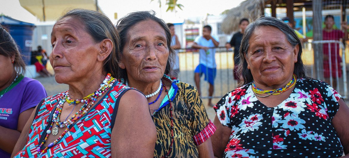 Women from Venezuela’s indigenous Warao refugee community attend a COVID-19 educational session in Brazil.