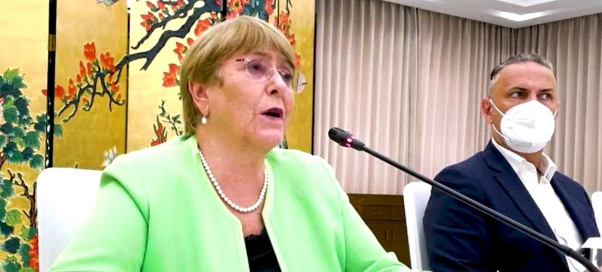 The UN High Commissioner for Human Rights Michelle Bachelet speaks at the Institute for Human Rights of Guangzhou