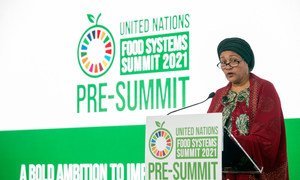 Amina Mohammed, Vice-secrétaire générale des Nations Unies, s'adresse aux participants de la réunion préparatoire du Sommet des Nations Unies sur le système alimentaire 2021 à Rome, en Italie.