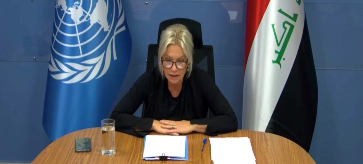 ممثلة الأمين العام للأمم المتحدة في العراق، جينين هينيس-بلاسخارت، تقدم إحاطة افتراضية خلال جلسة طارئة حول الحالة في العراق.