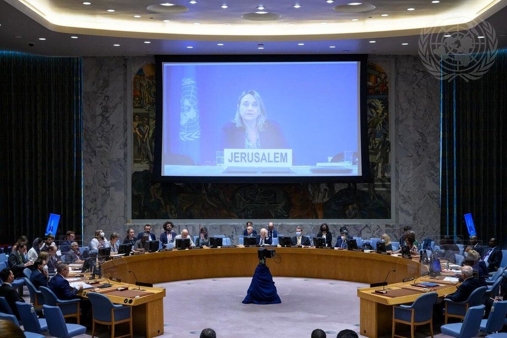 المنسقة المقيمة ومنسقة الشؤون الإنسانية في الأرض الفلسطينية المحتلة، لين هاستينغز، متحدثة إلى مجلس الأمن، عبر تقنية الفيديو. 