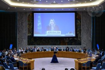 المنسقة المقيمة ومنسقة الشؤون الإنسانية في الأرض الفلسطينية المحتلة، لين هاستينغز، متحدثة إلى مجلس الأمن، عبر تقنية الفيديو. 