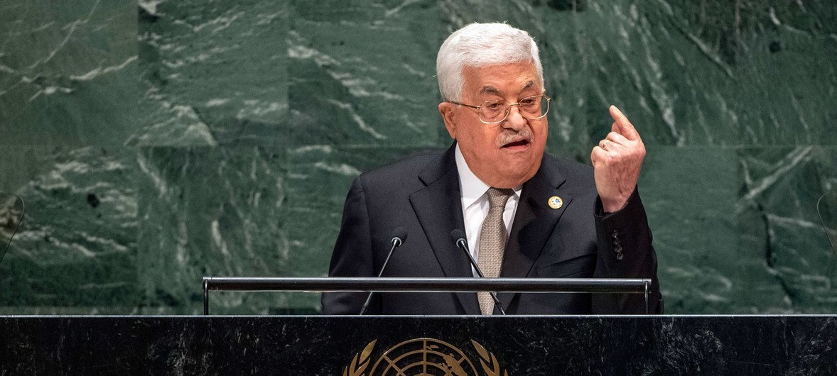 फ़लस्तीन के राष्ट्रपति महमूद अब्बास संयुक्त राष्ट्र महासभा के 74वें सत्र को संबोधित करते हुए. (26 सितंबर 2019)