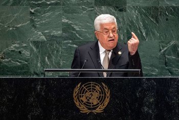 फ़लस्तीन के राष्ट्रपति महमूद अब्बास संयुक्त राष्ट्र महासभा के 74वें सत्र को संबोधित करते हुए. (26 सितंबर 2019)