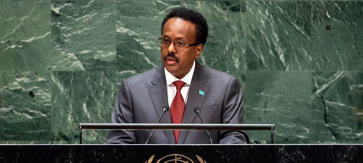 الرئيس الصومالي محمد عبدالله فرماجو خلال مخاطبنه مداولات الجنعية العامة للأمم المتحدة، 26 سبتمبر 2019.